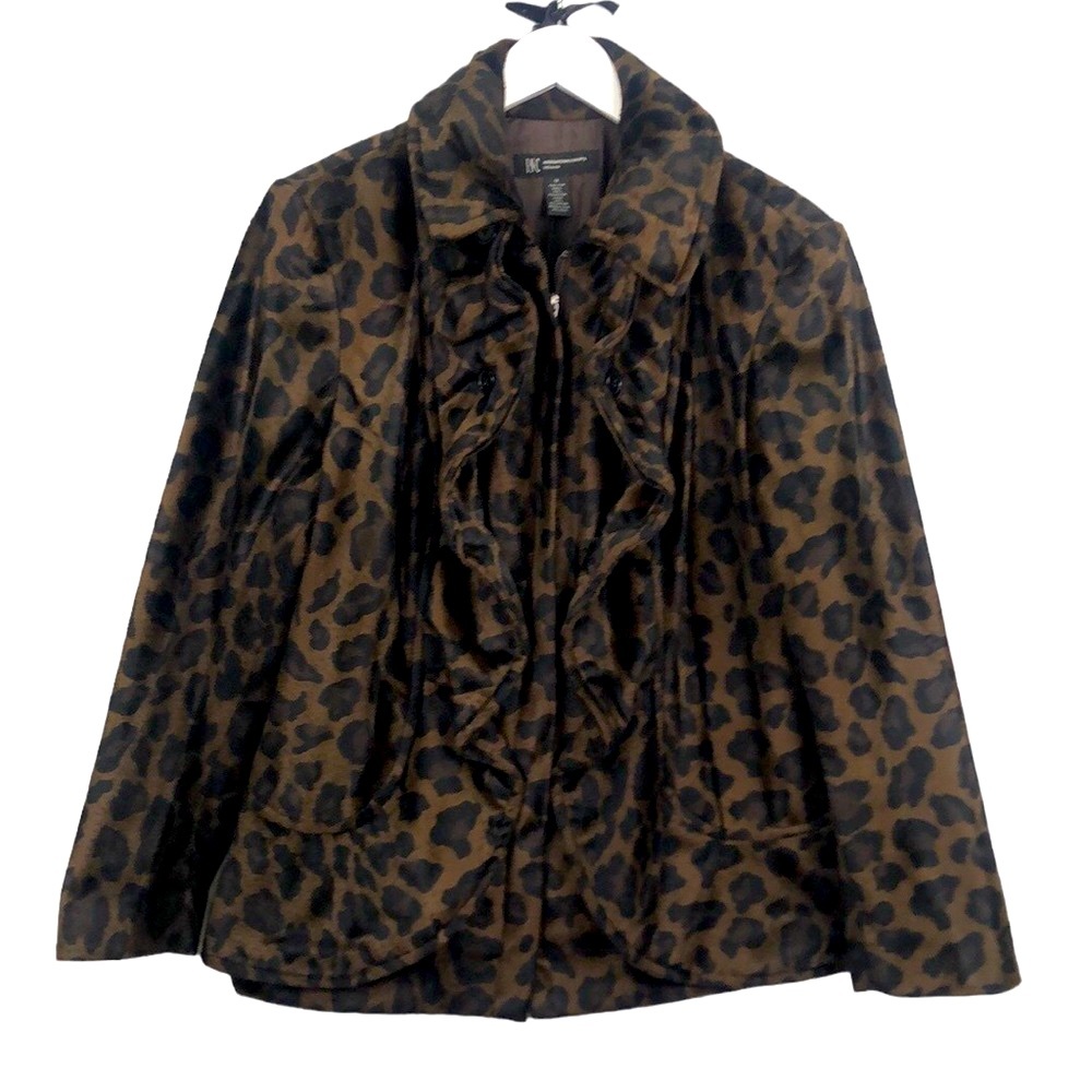 INC Leopard Print Full Zip Lined Ruffle Winter Coat Size 1X
